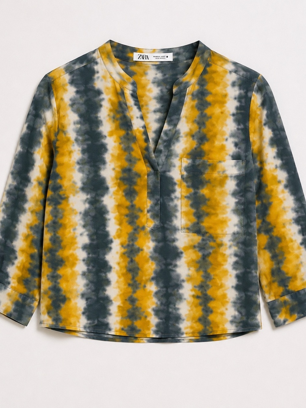 Zara Yellow and Gray Tie-Dye Split Neck Top